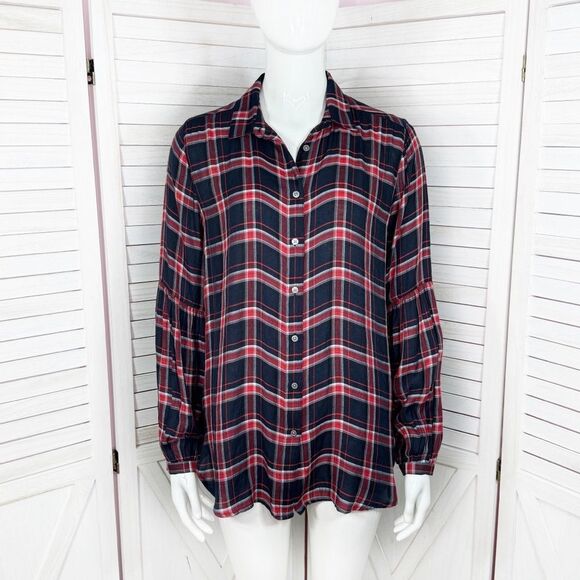 Loft Plaid Lightweight Bishop Sleeve Button Up Tunic Shirt Blue Red Small - Picture 1 of 14